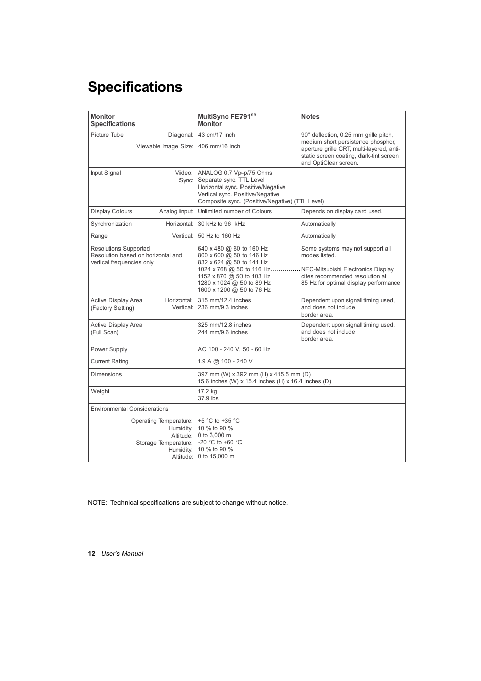 Specifications | NEC FE991SB User Manual | Page 36 / 41