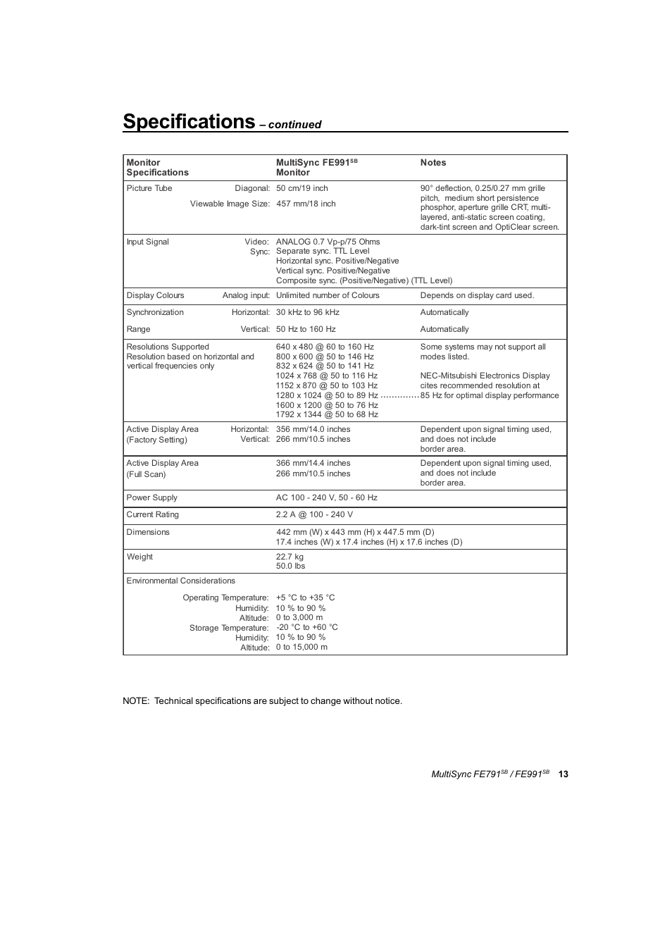 Specifications, Continued | NEC FE991SB User Manual | Page 37 / 41