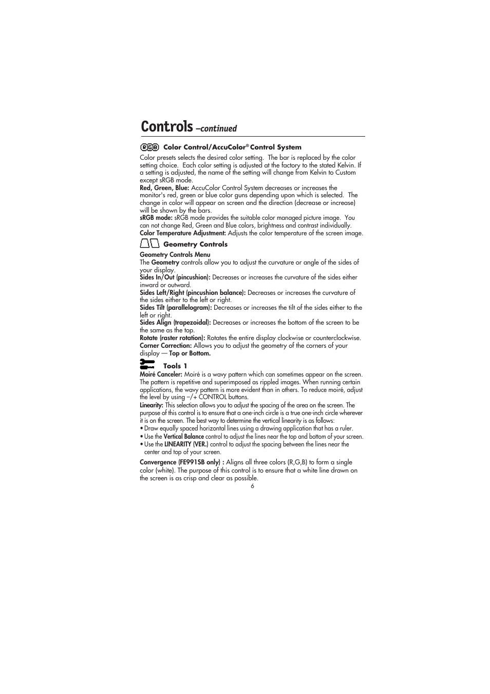 Controls, Continued | NEC FE991SB User Manual | Page 8 / 41