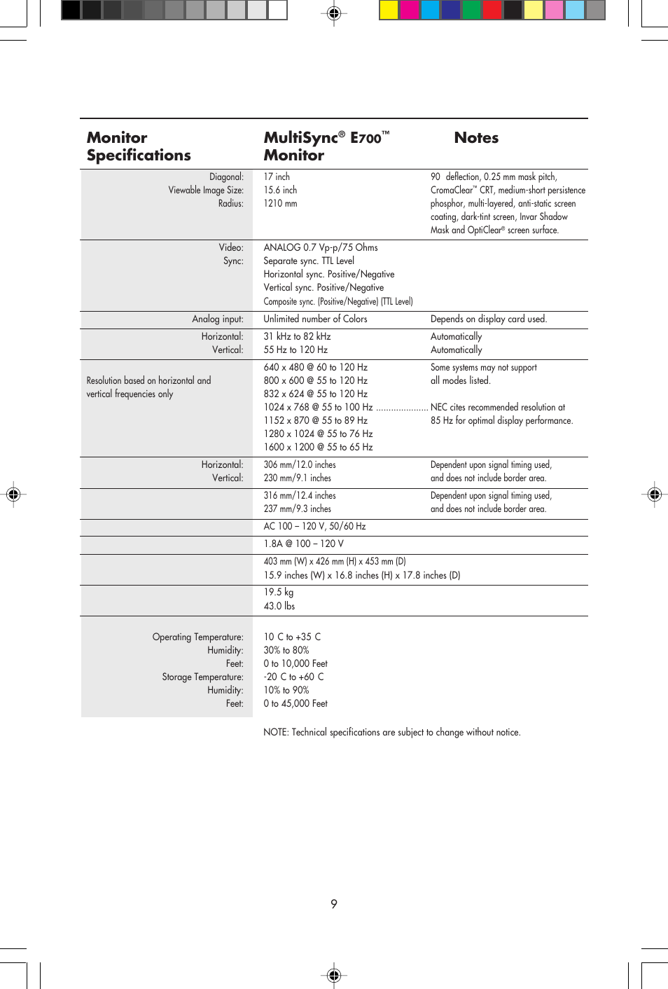 Monitor multisync | NEC E700 User Manual | Page 11 / 16