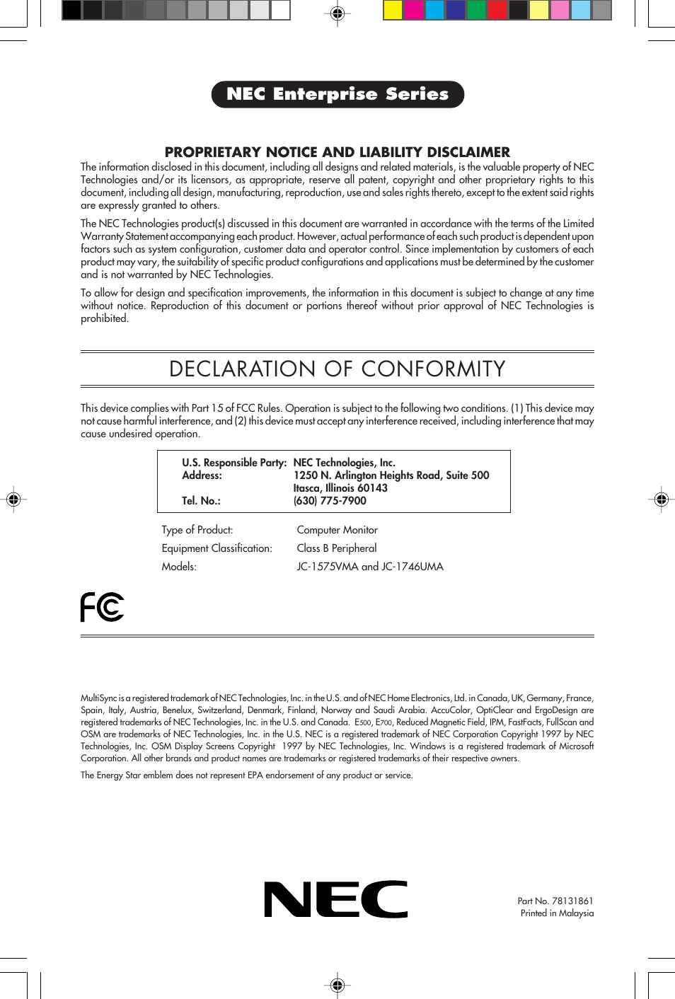 Declaration of conformity, Nec enterprise series, Proprietary notice and liability disclaimer | NEC E700 User Manual | Page 16 / 16