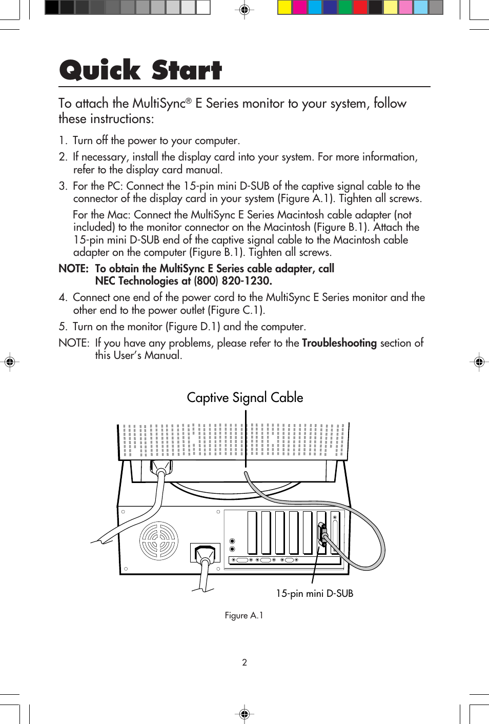 Quick start, Captive signal cable | NEC E700 User Manual | Page 4 / 16