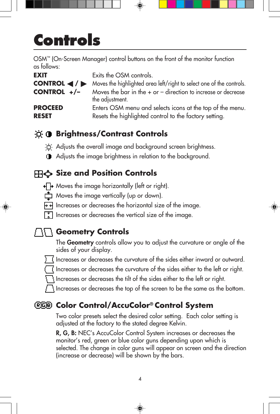 Controls, Brightness/contrast controls, Size and position controls | Geometry controls, Color control/accucolor, Control system | NEC E700 User Manual | Page 6 / 16