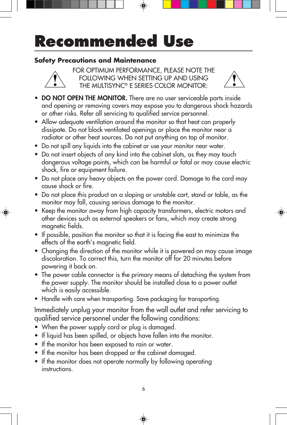Recommended use | NEC E700 User Manual | Page 8 / 16
