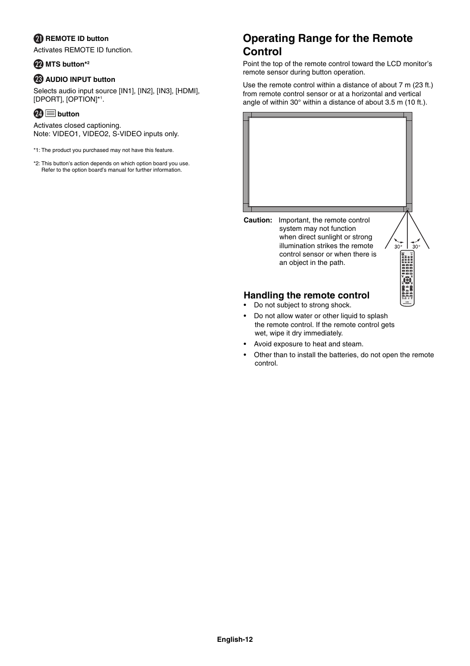 Operating range for the remote control, Handling the remote control | NEC MultiSync V462 User Manual | Page 14 / 43