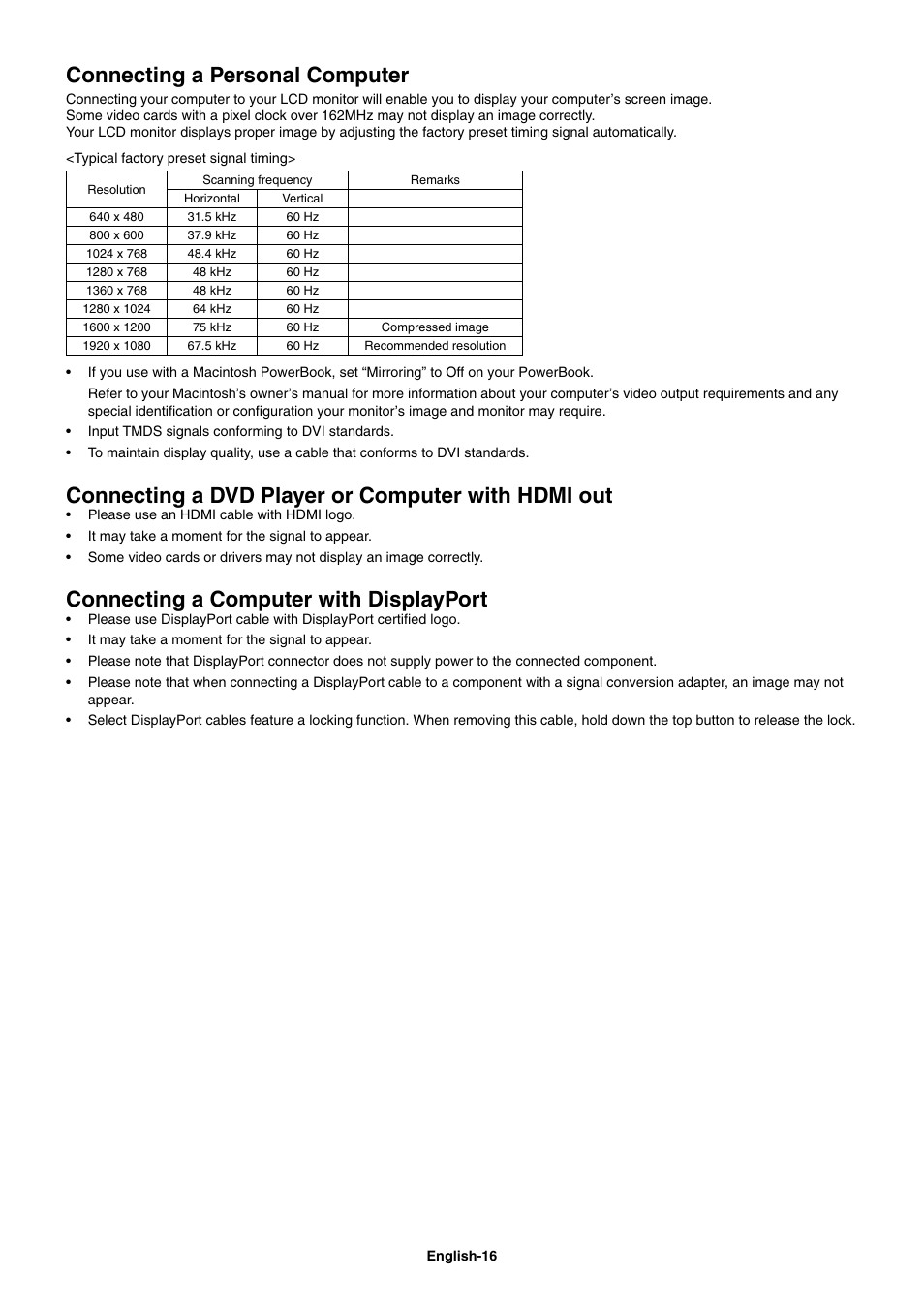 Connecting a personal computer, Connecting a dvd player or computer with hdmi out, Connecting a computer with displayport | NEC MultiSync V462 User Manual | Page 18 / 43