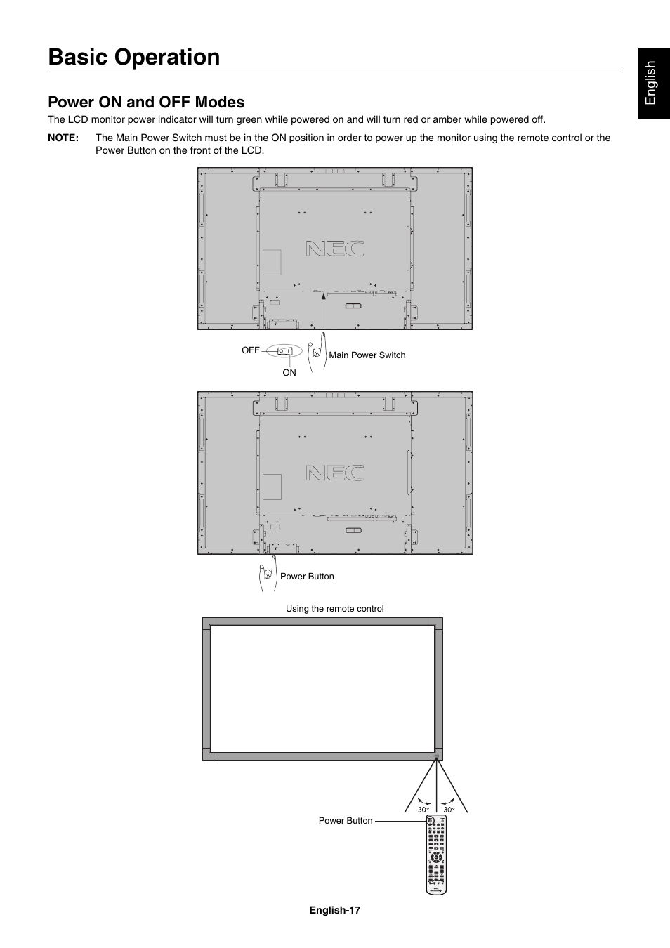 Basic operation, Power on and off modes, English | NEC MultiSync V462 User Manual | Page 19 / 43