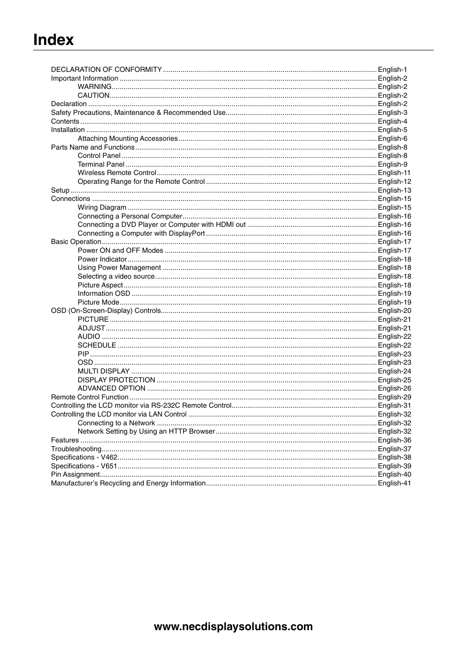 Index | NEC MultiSync V462 User Manual | Page 2 / 43