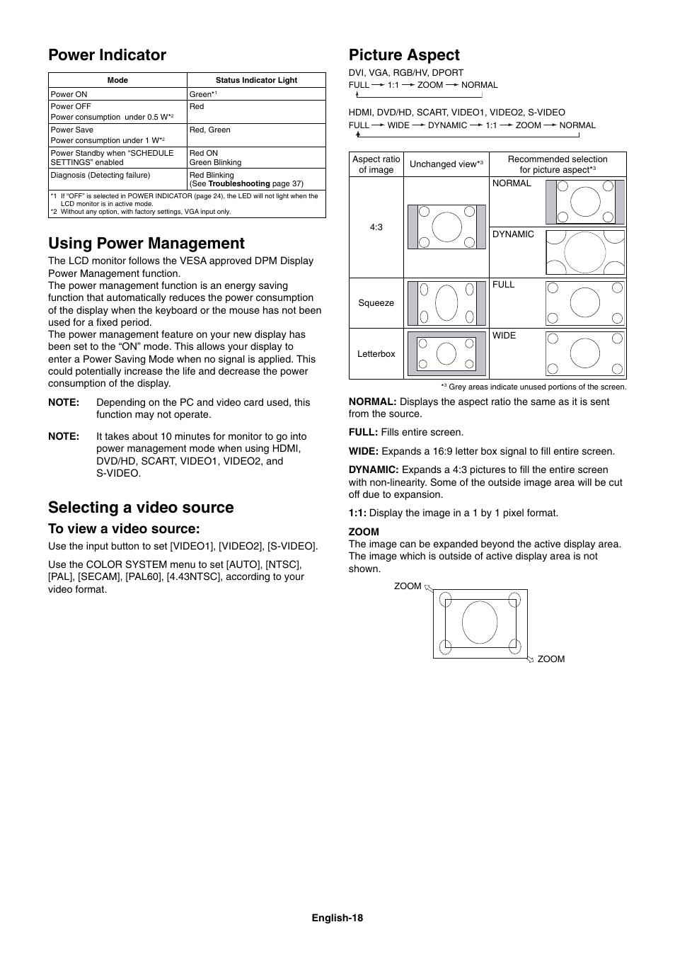 Picture aspect, Power indicator, Using power management | Selecting a video source | NEC MultiSync V462 User Manual | Page 20 / 43