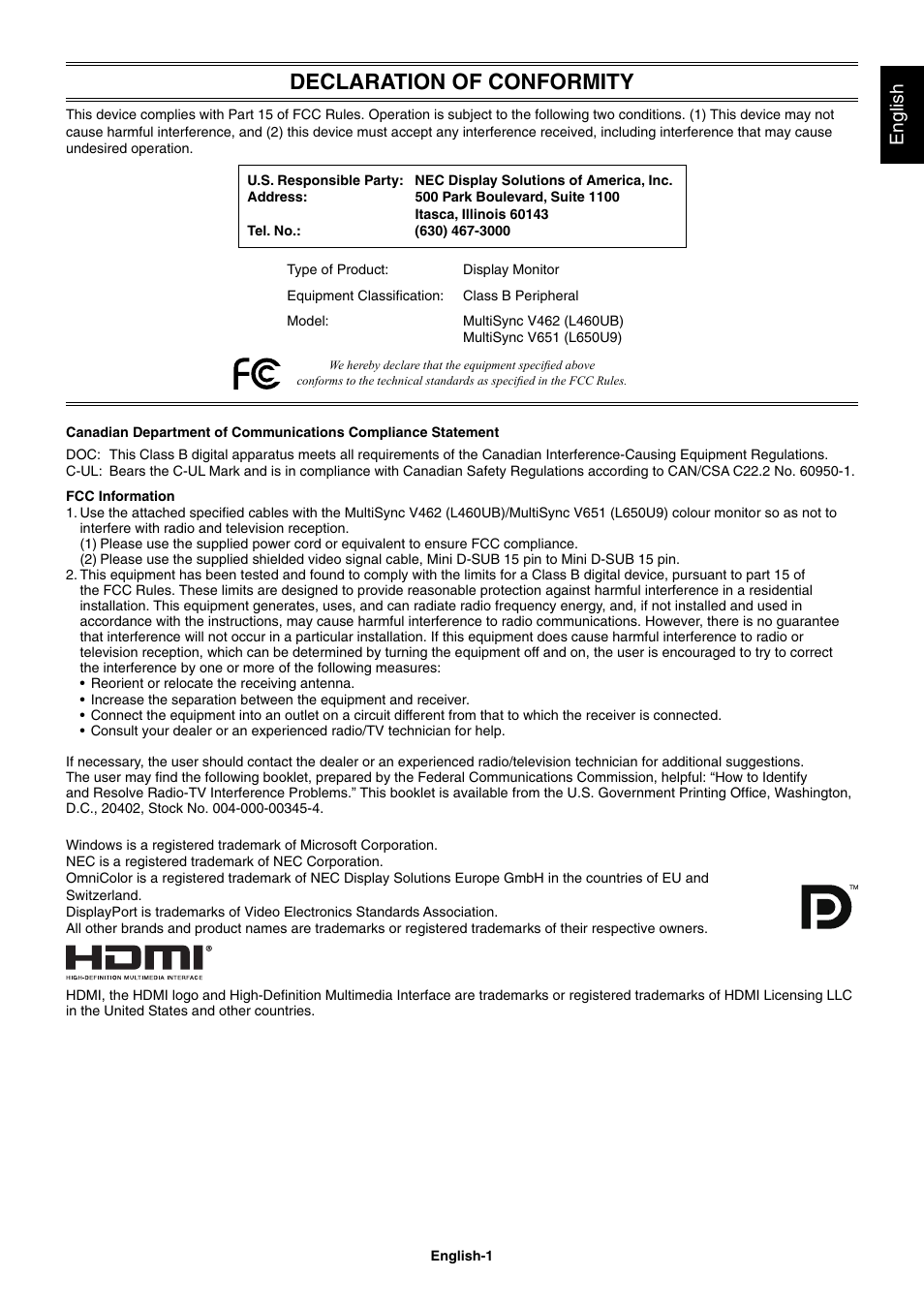 Declaration of conformity, English | NEC MultiSync V462 User Manual | Page 3 / 43