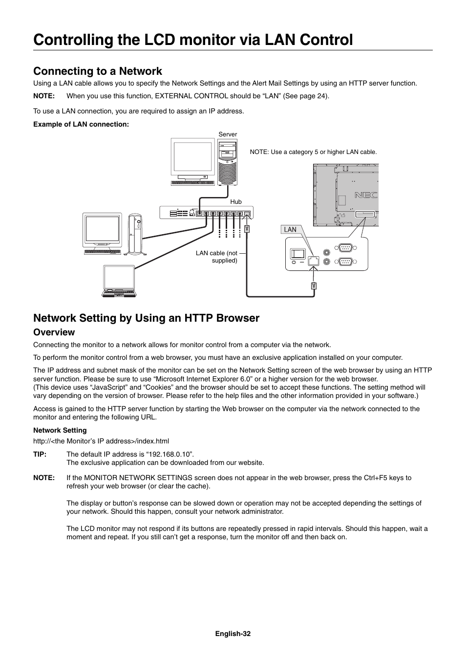 Controlling the lcd monitor via lan control, Connecting to a network, Overview | NEC MultiSync V462 User Manual | Page 34 / 43