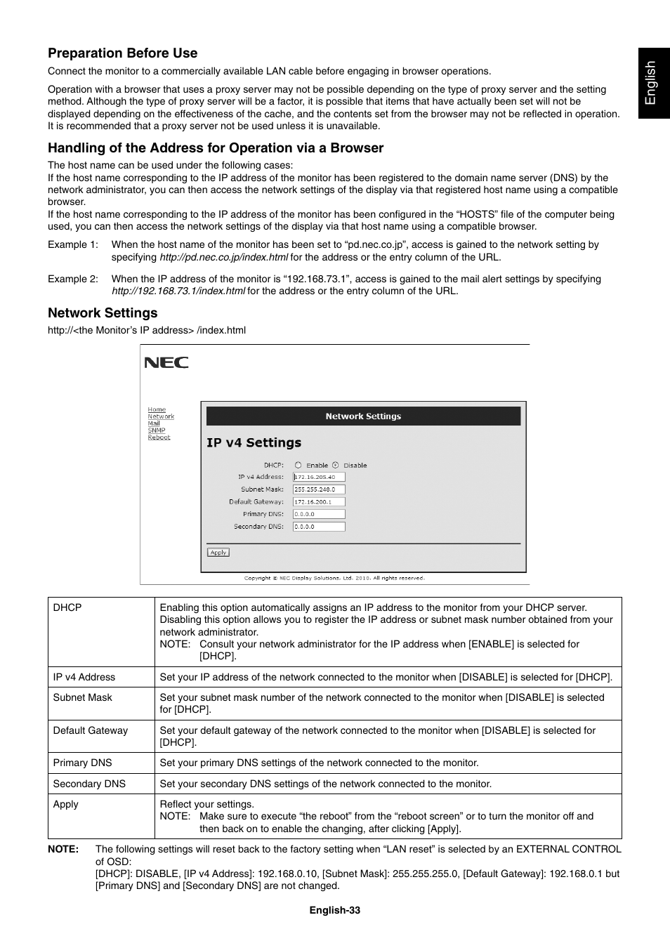 English preparation before use, Network settings | NEC MultiSync V462 User Manual | Page 35 / 43