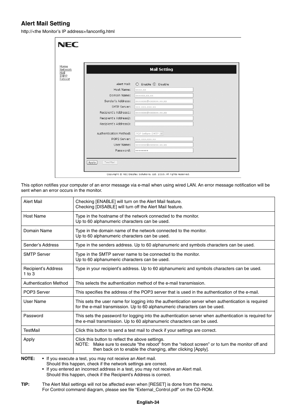 Alert mail setting | NEC MultiSync V462 User Manual | Page 36 / 43