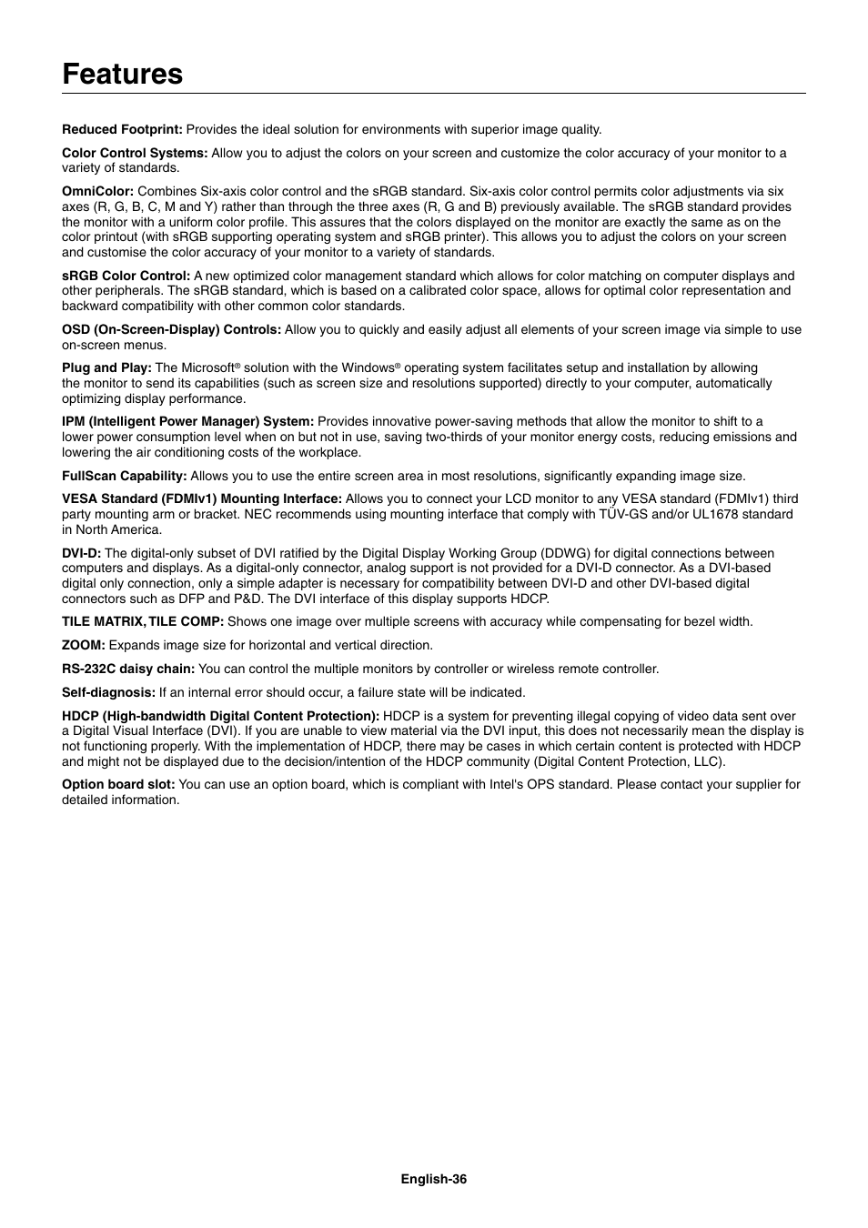 Features | NEC MultiSync V462 User Manual | Page 38 / 43