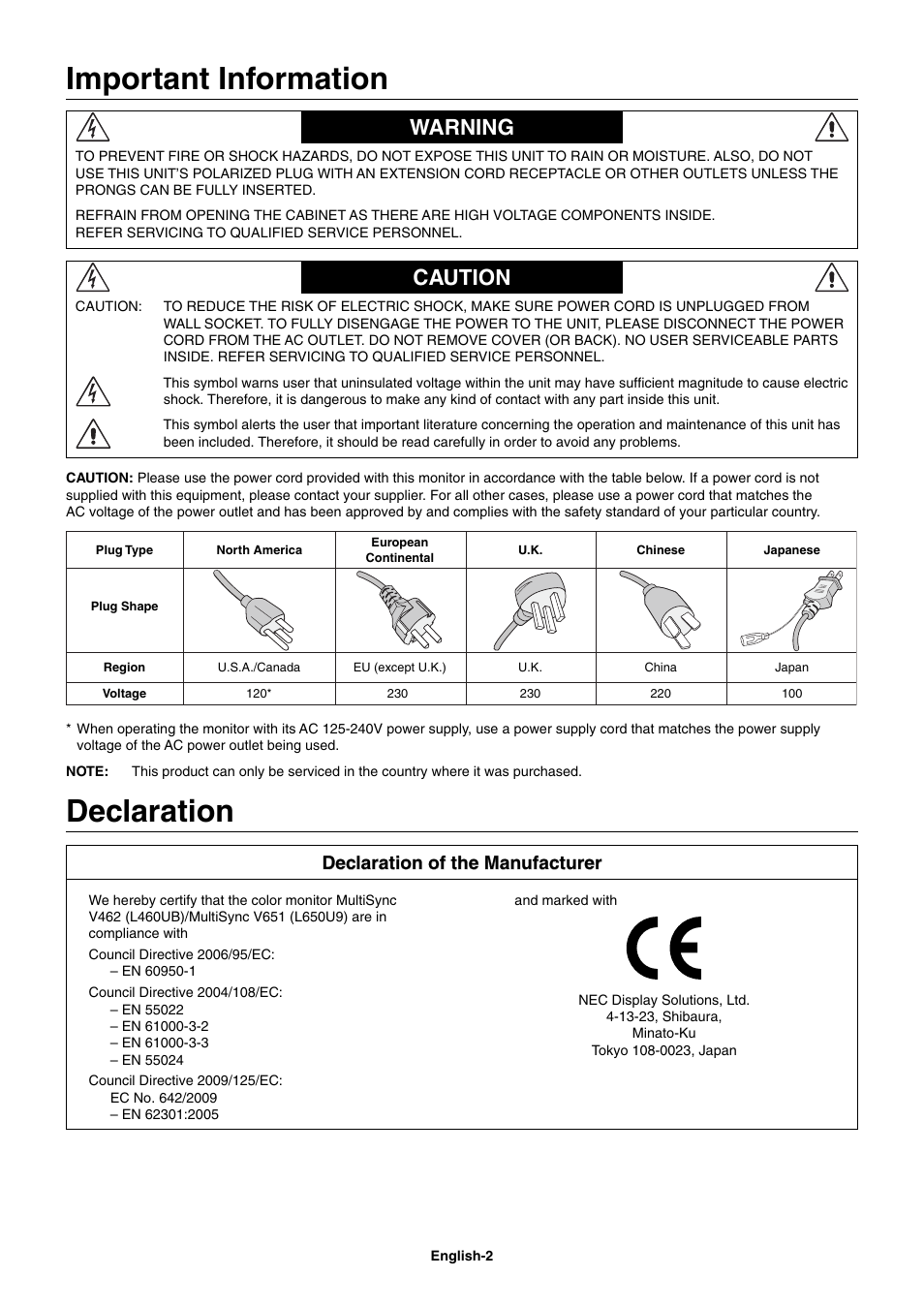 Important information, Warning, Caution | Declaration, Declaration of the manufacturer | NEC MultiSync V462 User Manual | Page 4 / 43