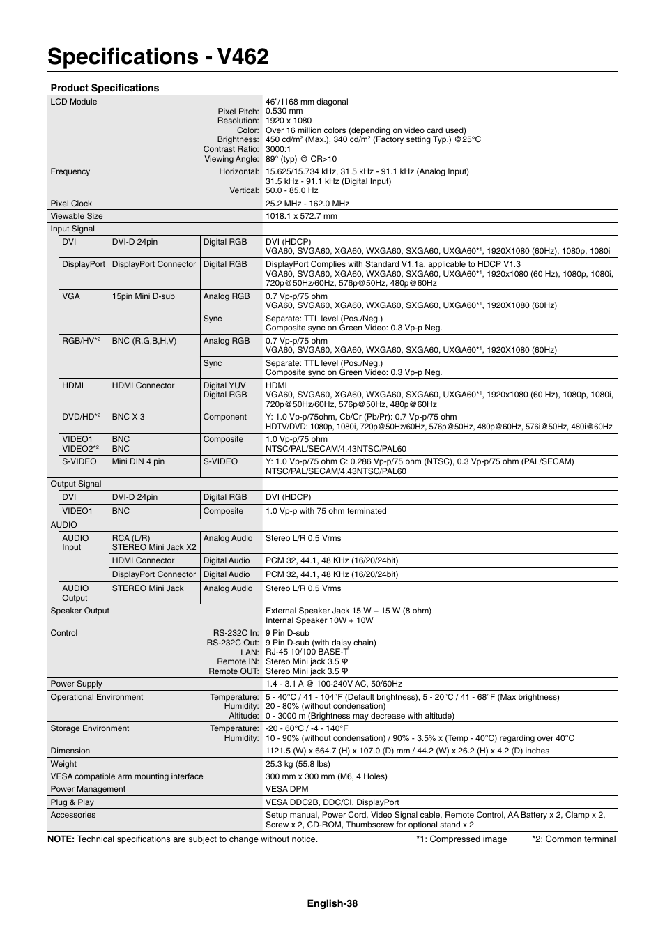 Specifications - v462, Specifi cations - v462 | NEC MultiSync V462 User Manual | Page 40 / 43