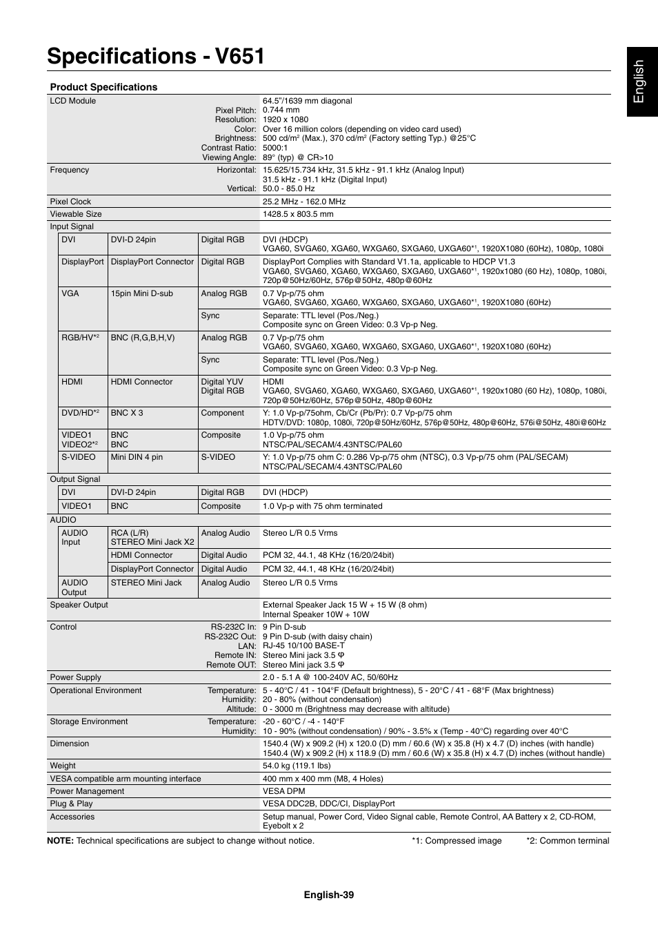 Specifications - v651, Specifi cations - v651, English | NEC MultiSync V462 User Manual | Page 41 / 43