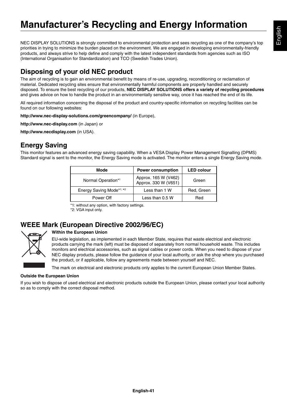 Manufacturer’s recycling and energy information, Disposing of your old nec product, Energy saving | English | NEC MultiSync V462 User Manual | Page 43 / 43