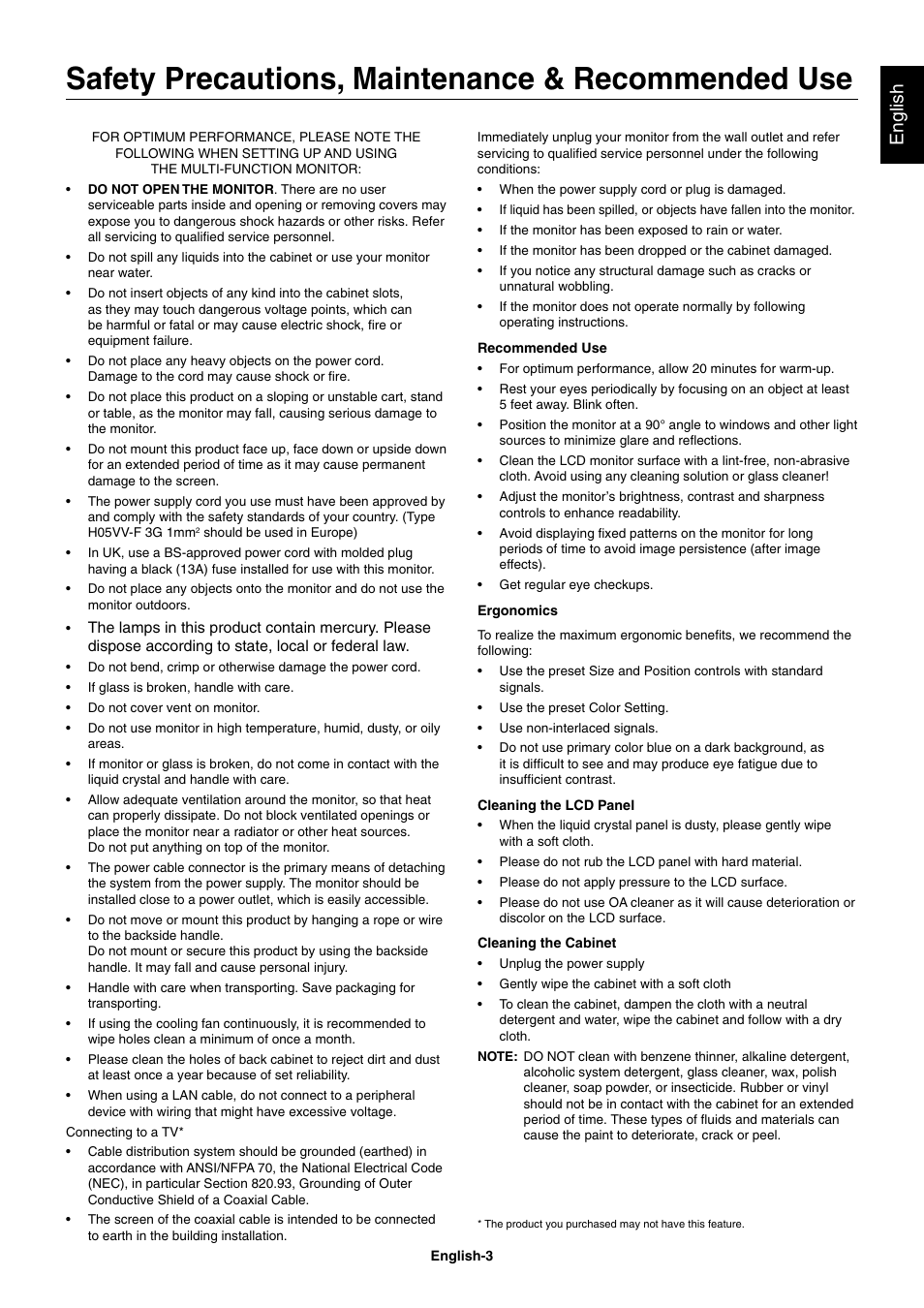 Safety precautions, maintenance & recommended use, English | NEC MultiSync V462 User Manual | Page 5 / 43