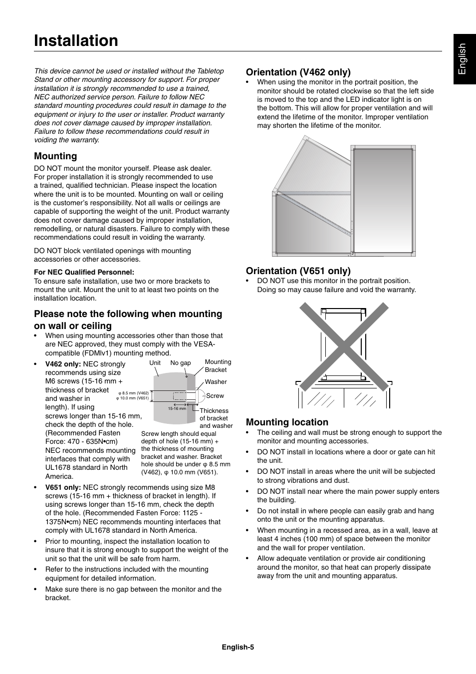 Installation, English, Mounting | Orientation (v462 only), Orientation (v651 only), Mounting location | NEC MultiSync V462 User Manual | Page 7 / 43