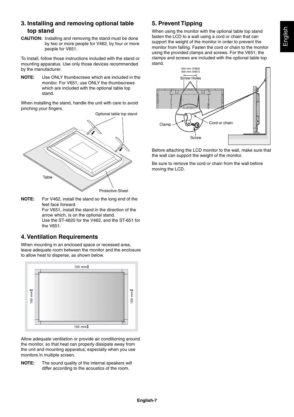 Ventilation requirements, Prevent tipping | NEC MultiSync V462 User Manual | Page 9 / 43