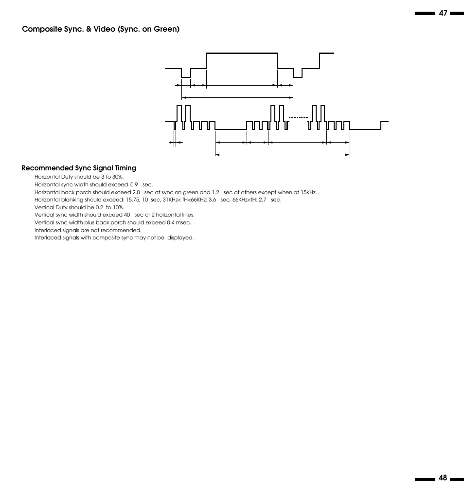 Horizontal vertical, Composite sync. & video (sync. on green) | NEC XV29 Plus User Manual | Page 29 / 33