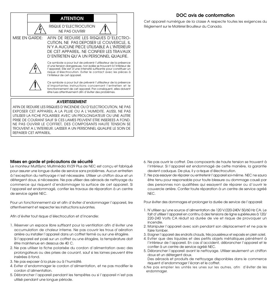 Attention, Doc avis de conformation | NEC XV29 Plus User Manual | Page 3 / 33