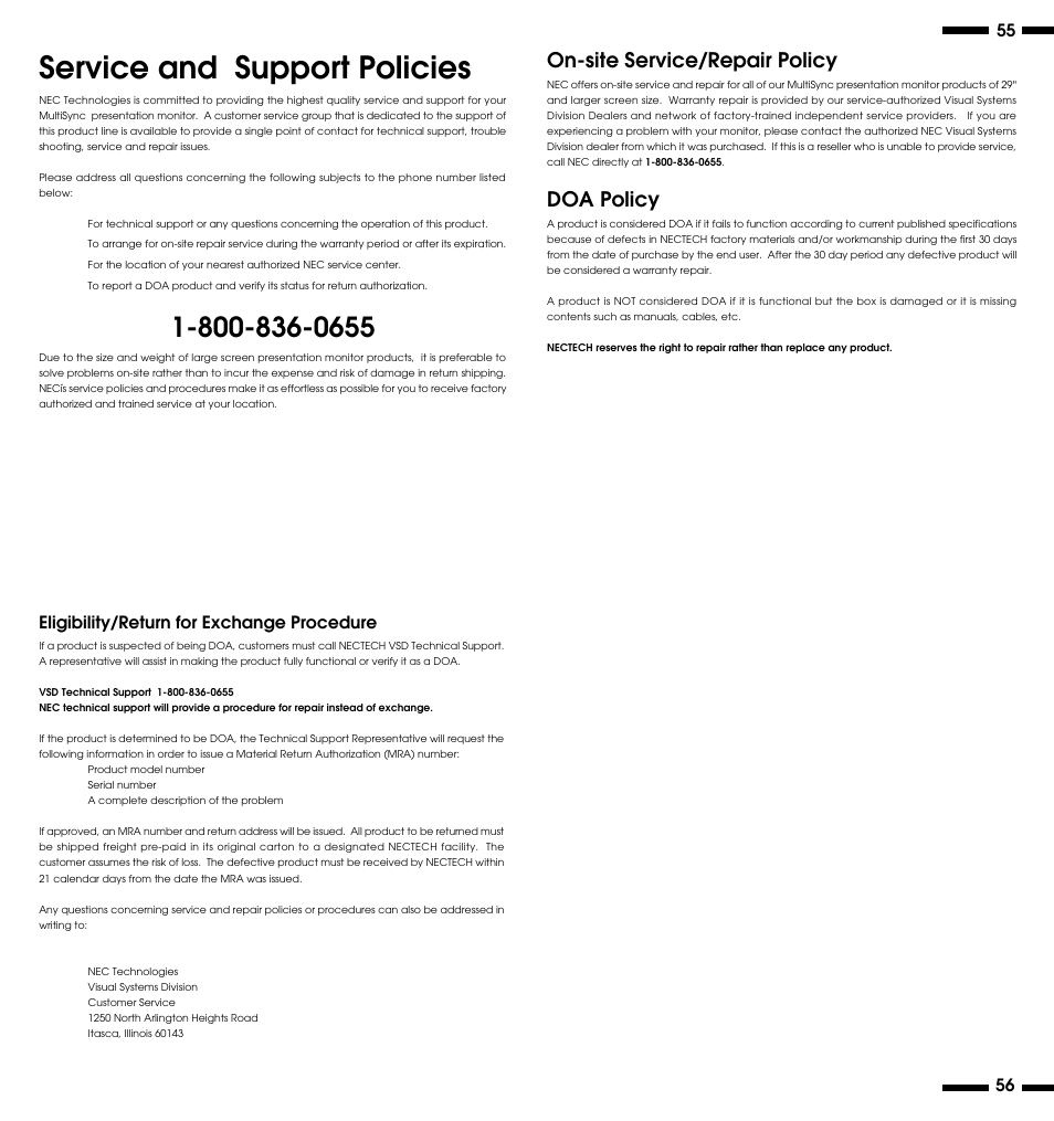 Service and support policies, On-site service/repair policy, Doa policy | Eligibility/return for exchange procedure | NEC XV29 Plus User Manual | Page 33 / 33