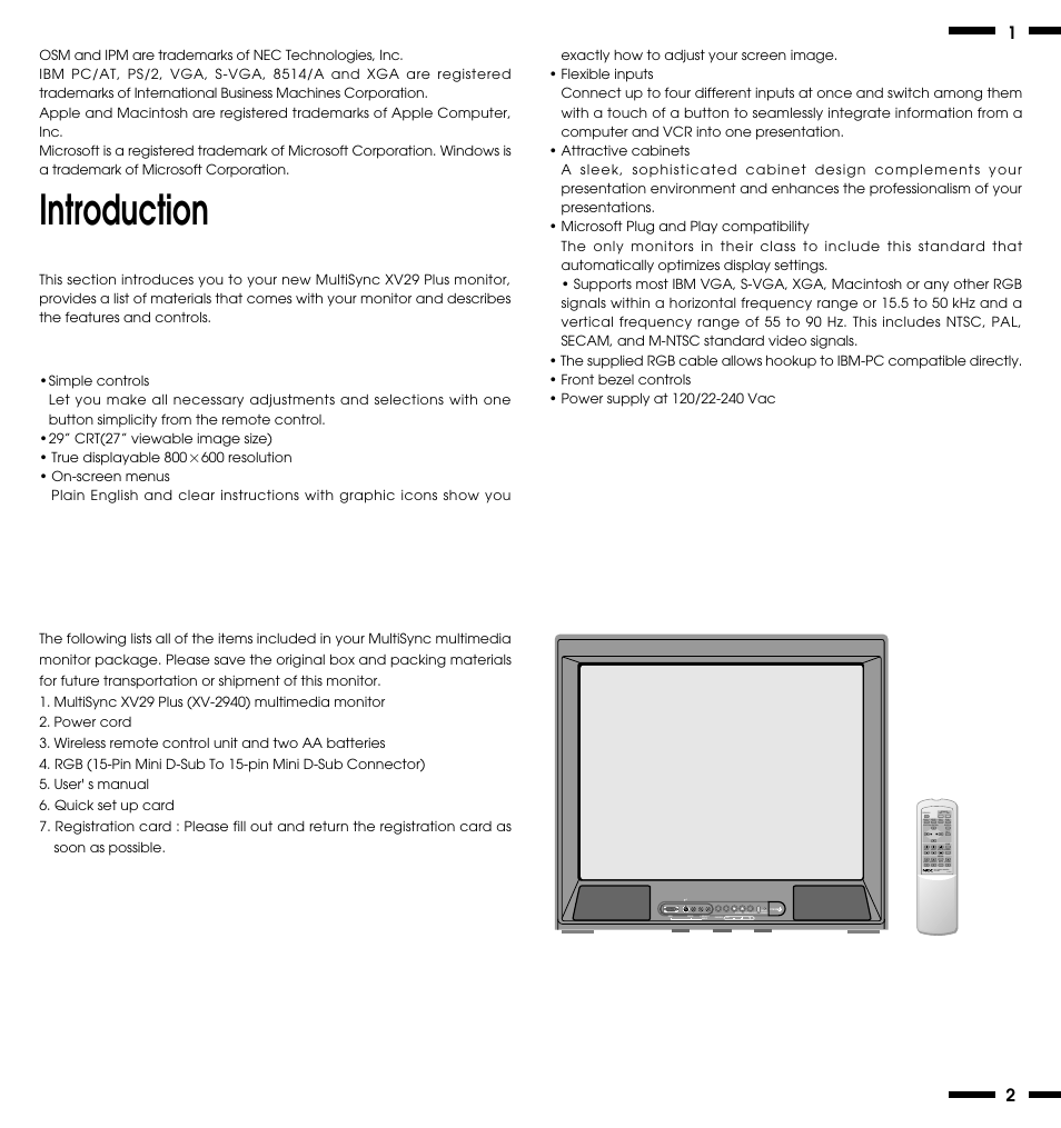 Introduction | NEC XV29 Plus User Manual | Page 6 / 33