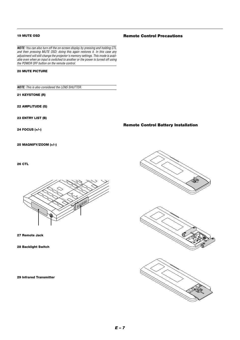 E – 7, Remote control precautions, Remote control battery installation | NEC XT9000 User Manual | Page 14 / 54