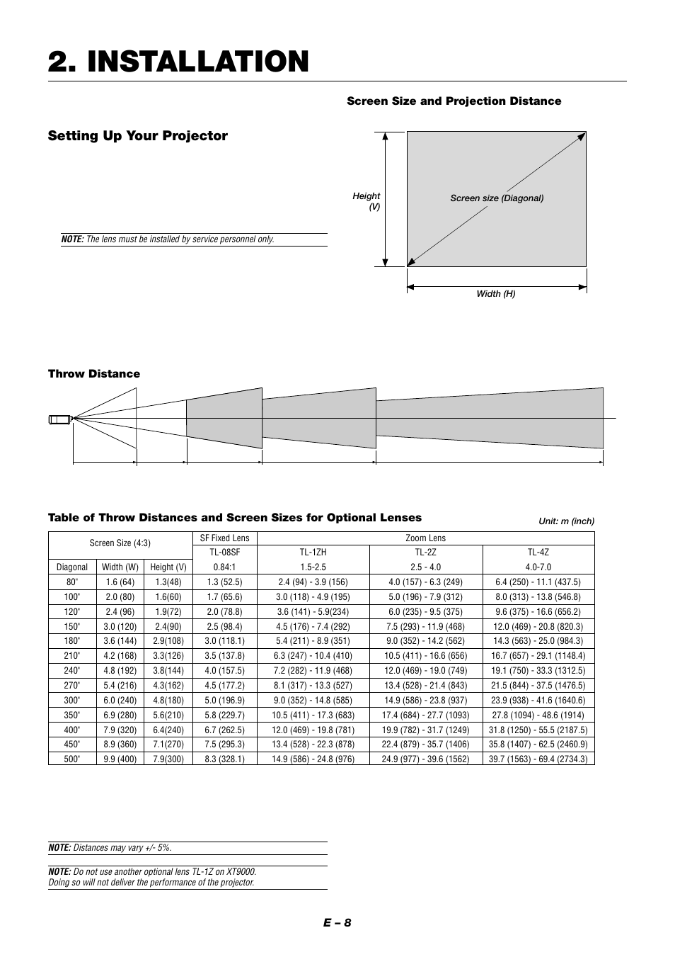 Installation, Setting up your projector, E – 8 | Throw distance, Screen size and projection distance | NEC XT9000 User Manual | Page 15 / 54