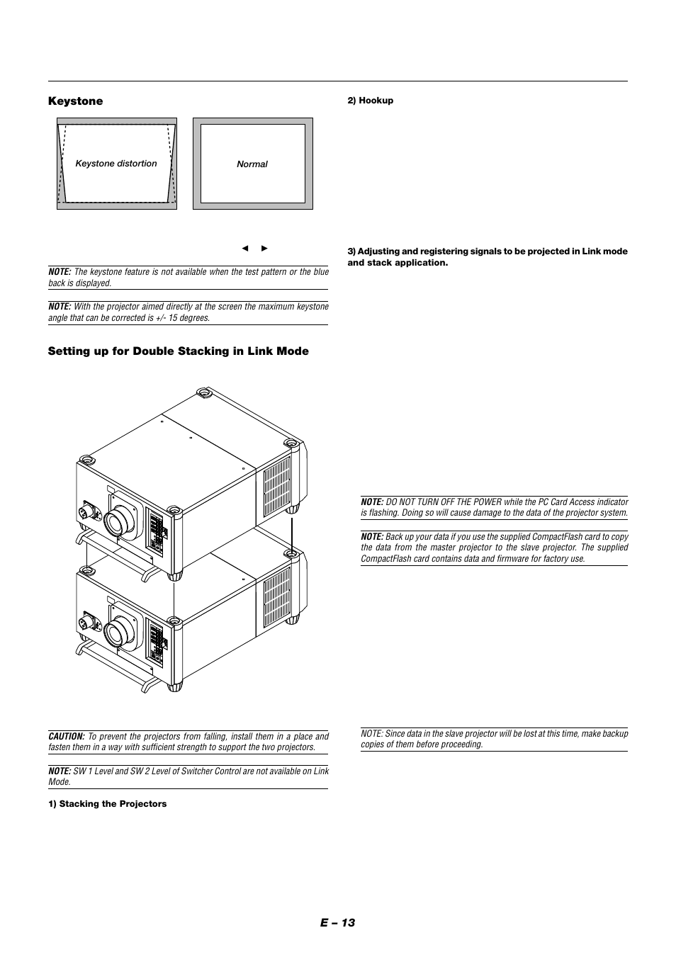 E – 13 keystone, Setting up for double stacking in link mode | NEC XT9000 User Manual | Page 20 / 54