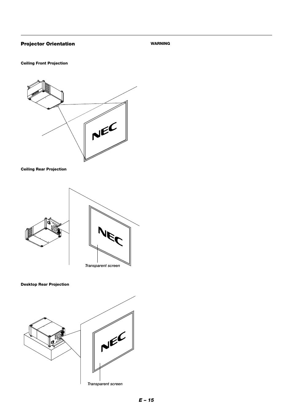 E – 15 projector orientation | NEC XT9000 User Manual | Page 22 / 54