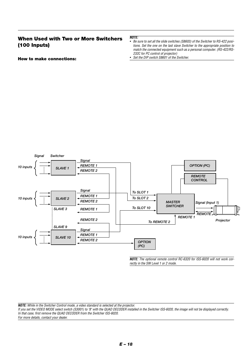When used with two or more switchers (100 inputs), E – 18, How to make connections | NEC XT9000 User Manual | Page 25 / 54
