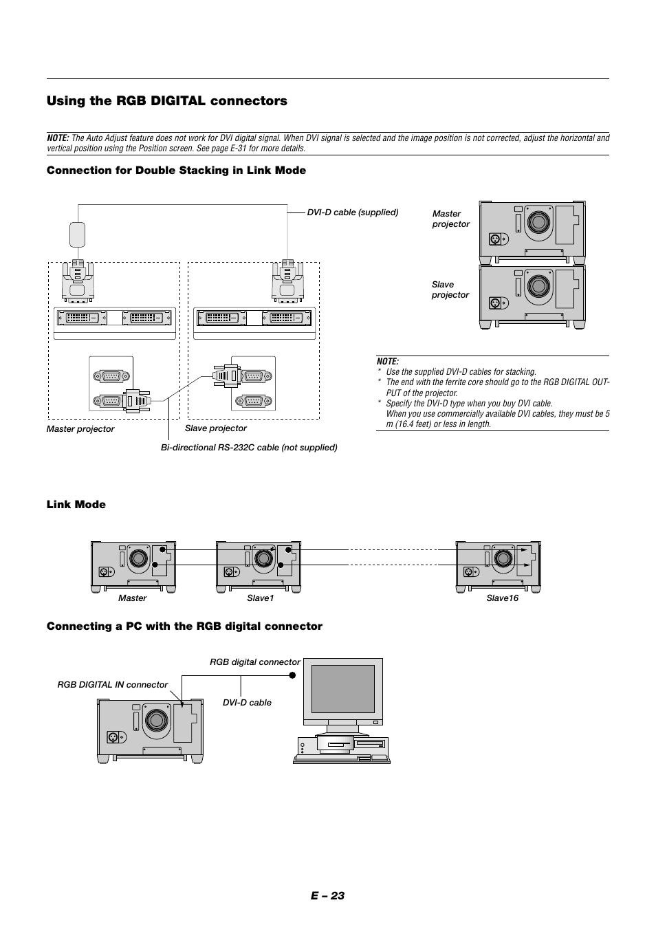 Using the rgb digital connectors, E – 23, Connection for double stacking in link mode | Link mode, Connecting a pc with the rgb digital connector | NEC XT9000 User Manual | Page 30 / 54