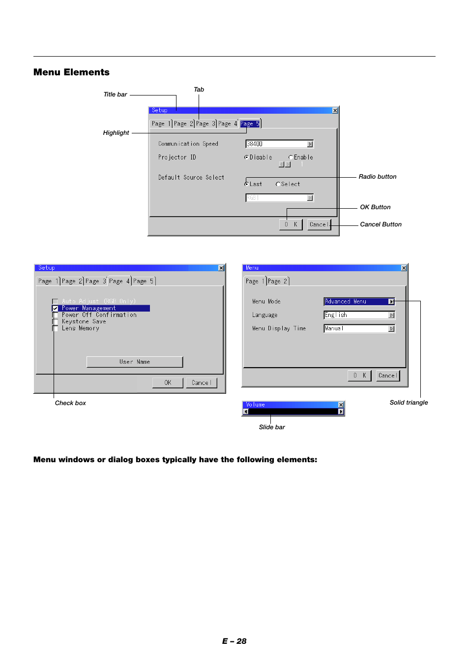 Menu elements | NEC XT9000 User Manual | Page 35 / 54