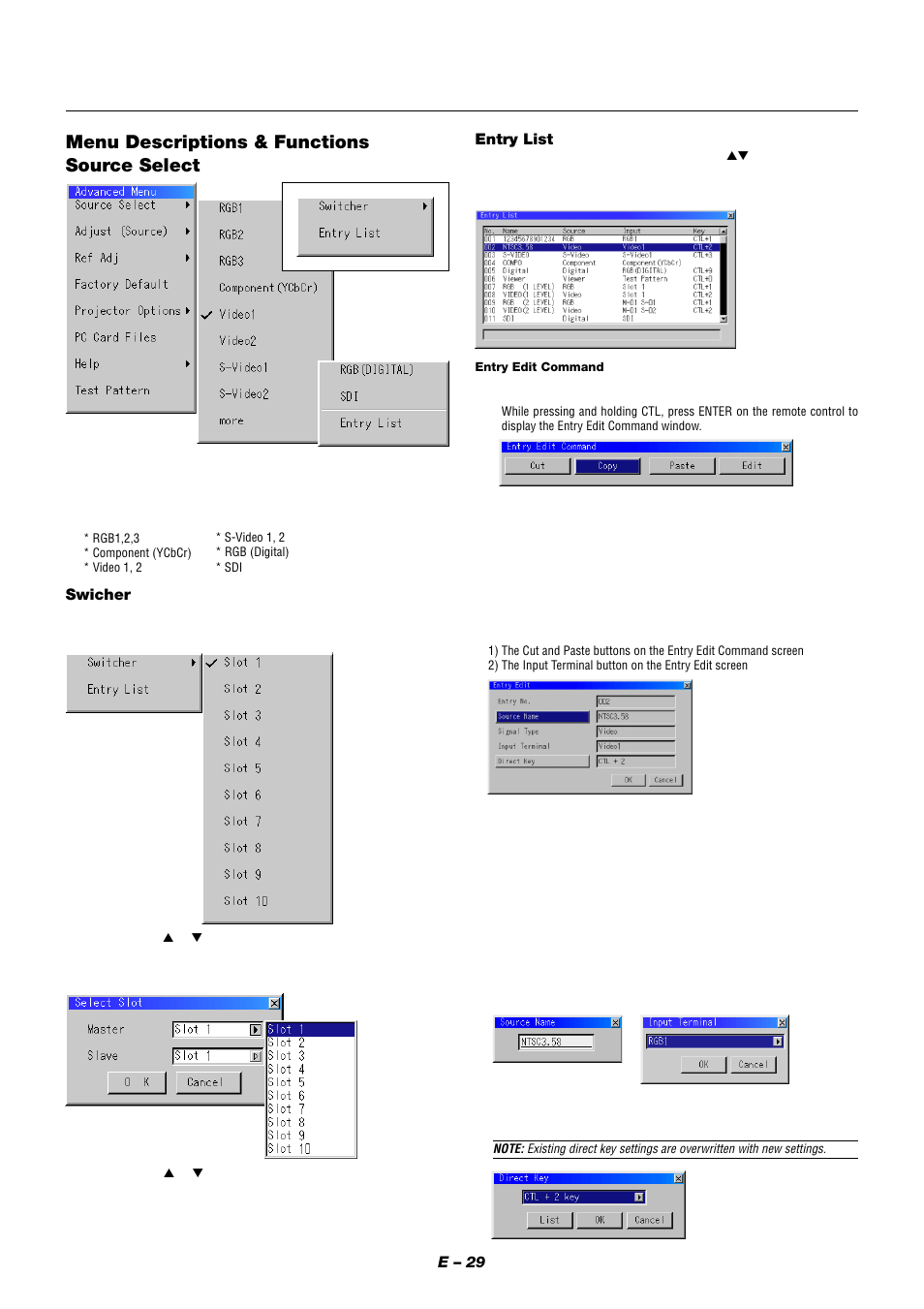 Menu descriptions & functions source select, E – 29, Entry list | Swicher | NEC XT9000 User Manual | Page 36 / 54