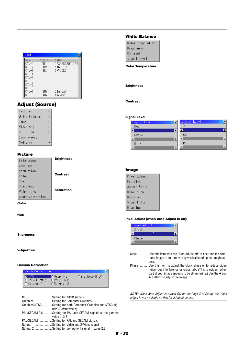 Adjust (source), E – 30 picture, White balance | Image | NEC XT9000 User Manual | Page 37 / 54