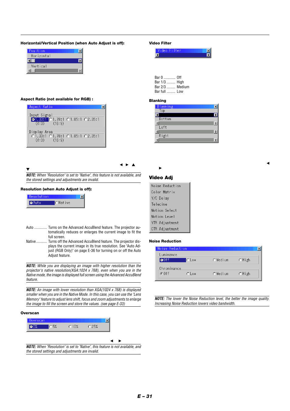 E – 31, Video adj | NEC XT9000 User Manual | Page 38 / 54