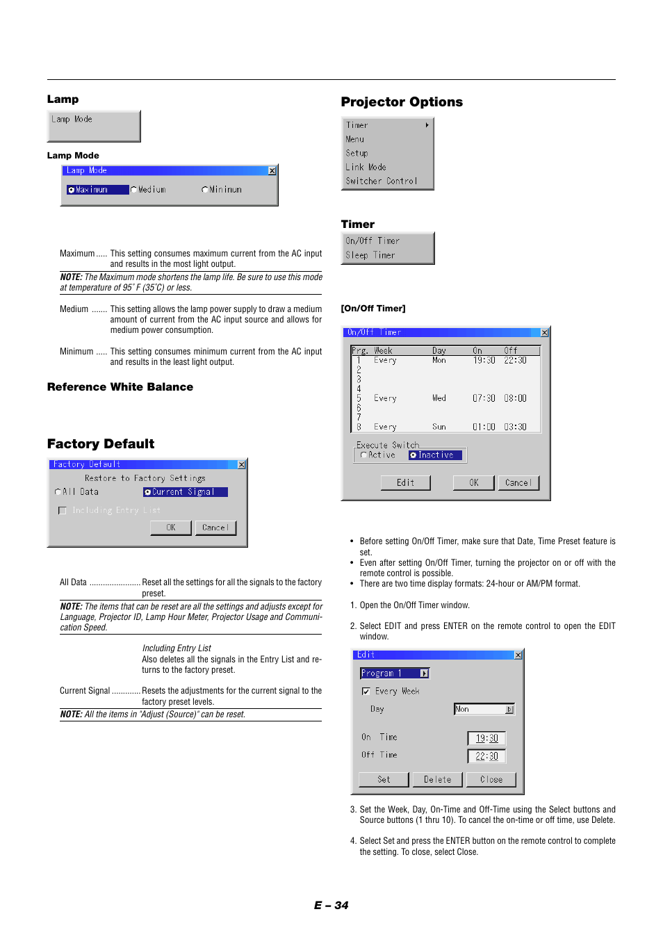 Projector options, Factory default | NEC XT9000 User Manual | Page 41 / 54