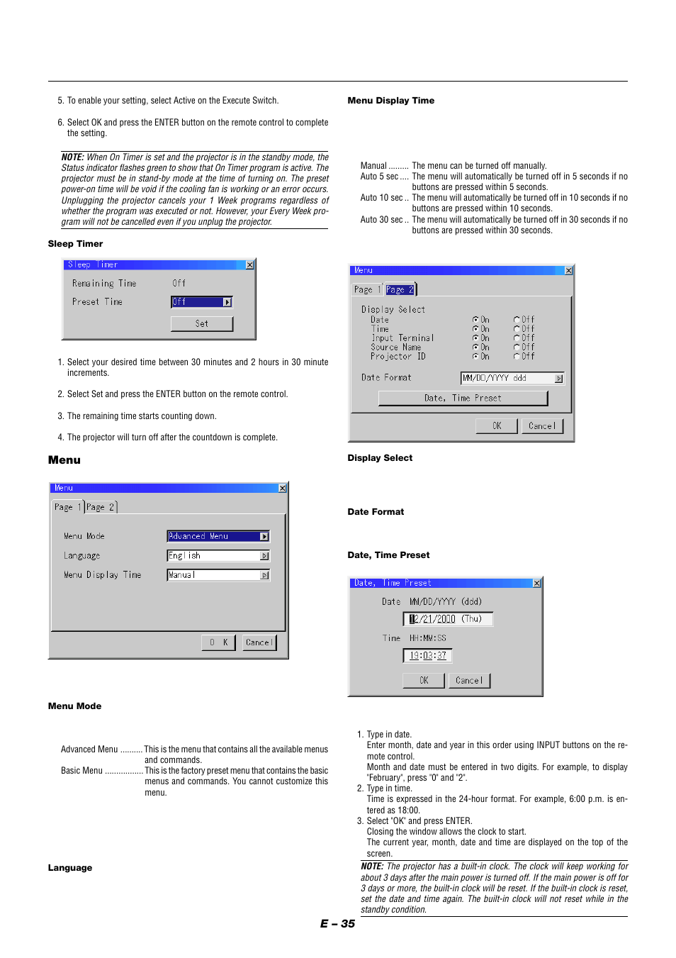 E – 35, Menu | NEC XT9000 User Manual | Page 42 / 54