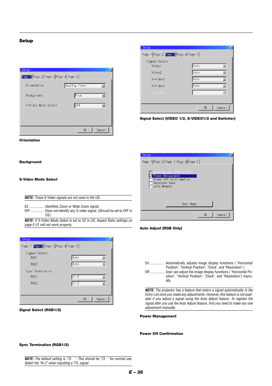 E – 36 setup | NEC XT9000 User Manual | Page 43 / 54