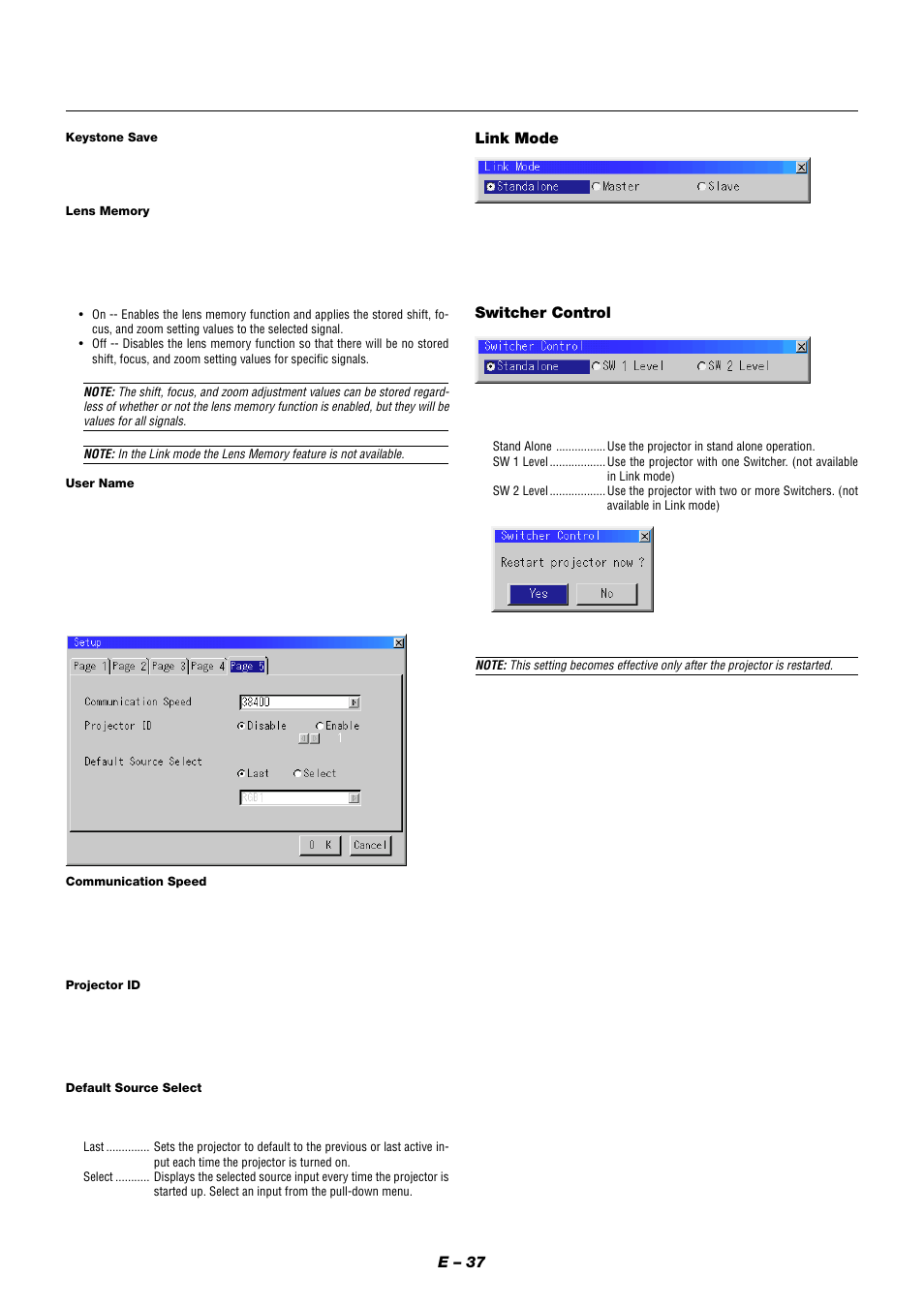E – 37, Link mode, Switcher control | NEC XT9000 User Manual | Page 44 / 54