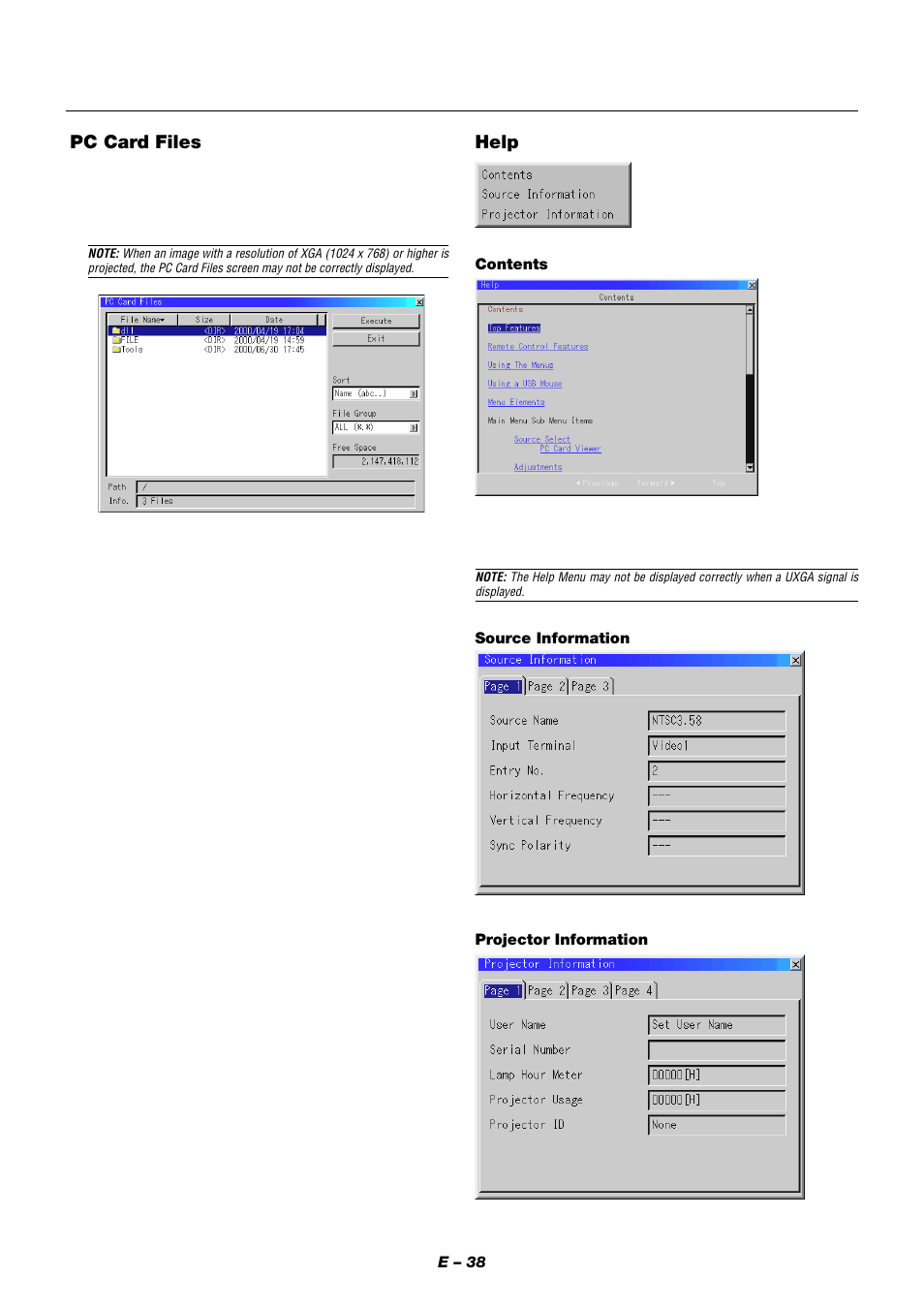 Pc card files, Help | NEC XT9000 User Manual | Page 45 / 54