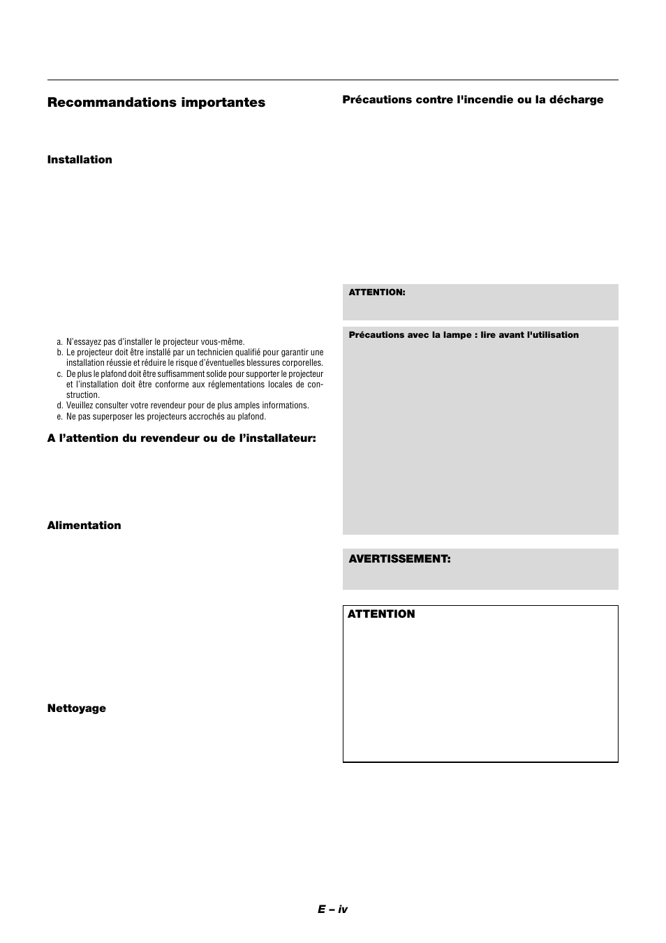 Recommandations importantes | NEC XT9000 User Manual | Page 5 / 54