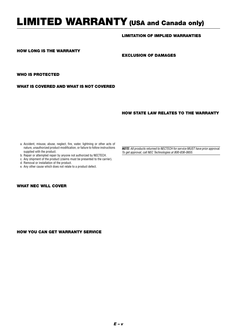 Limited warranty, Usa and canada only) | NEC XT9000 User Manual | Page 6 / 54