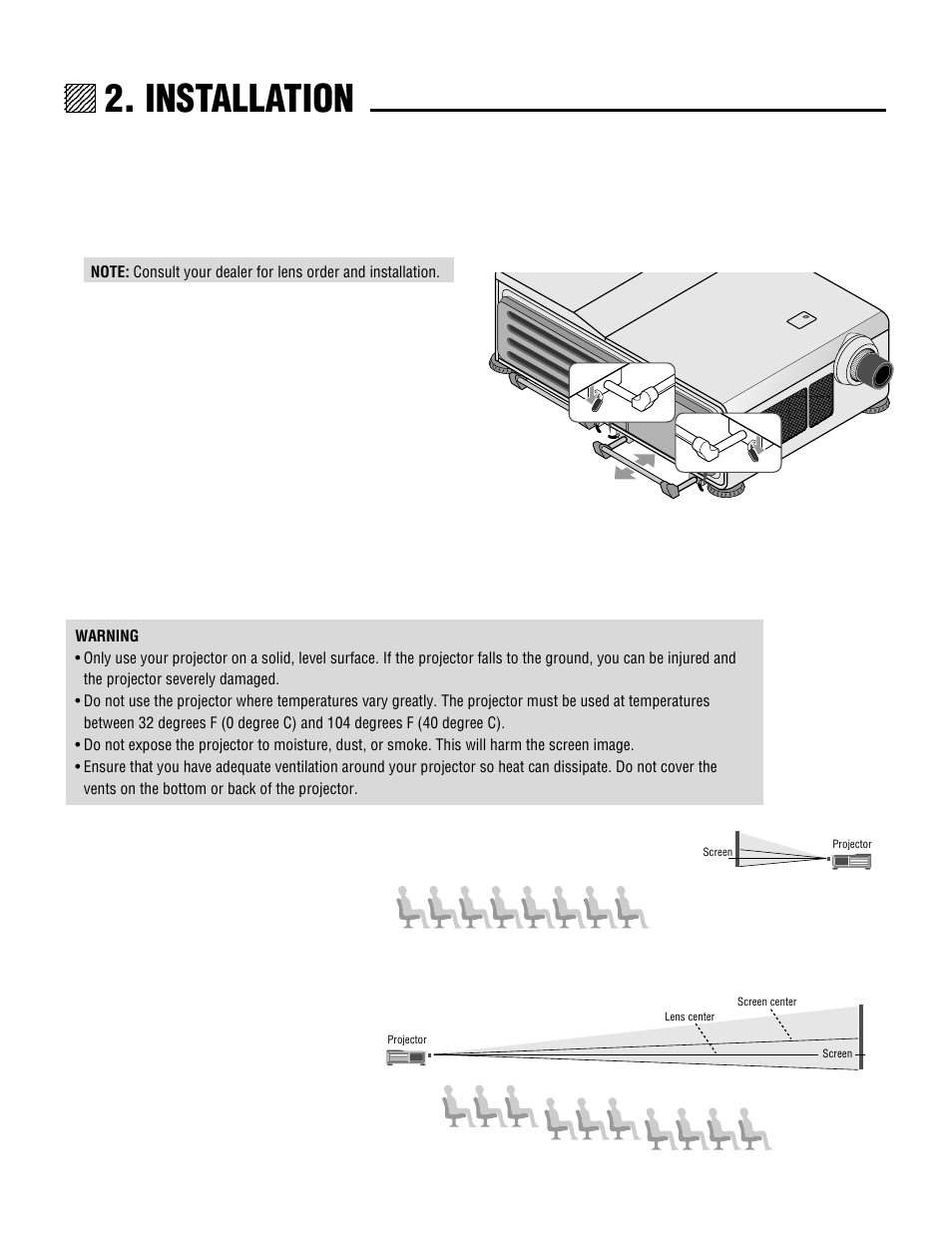 Installation, Selecting a location, Screen size and projection distance | Pulling out the handles, Retracting the handles, Setting up your multisync hivid 3500 projector, Moving the projector | NEC XL-3500 User Manual | Page 16 / 81