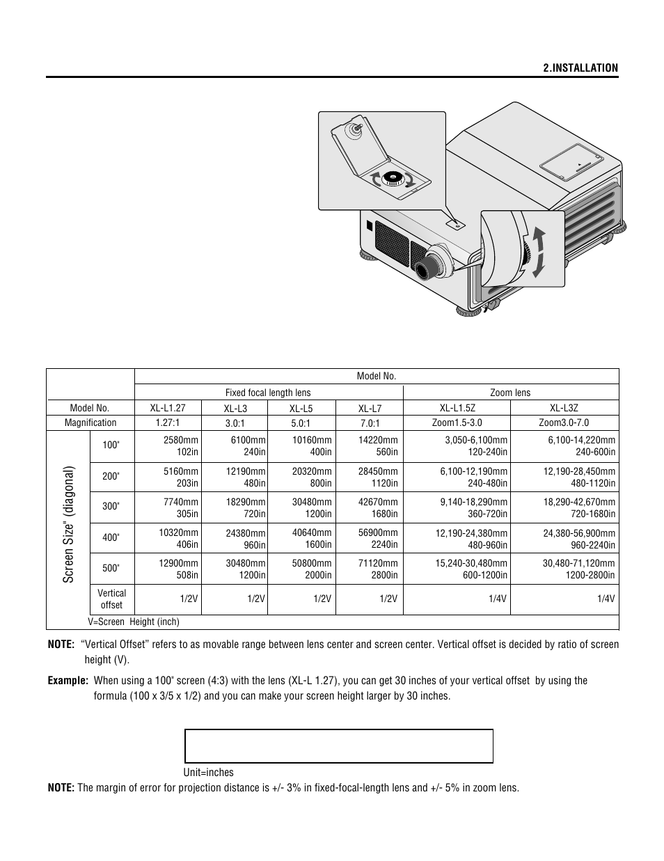 Screen size" (diagonal), Projection distance | NEC XL-3500 User Manual | Page 17 / 81