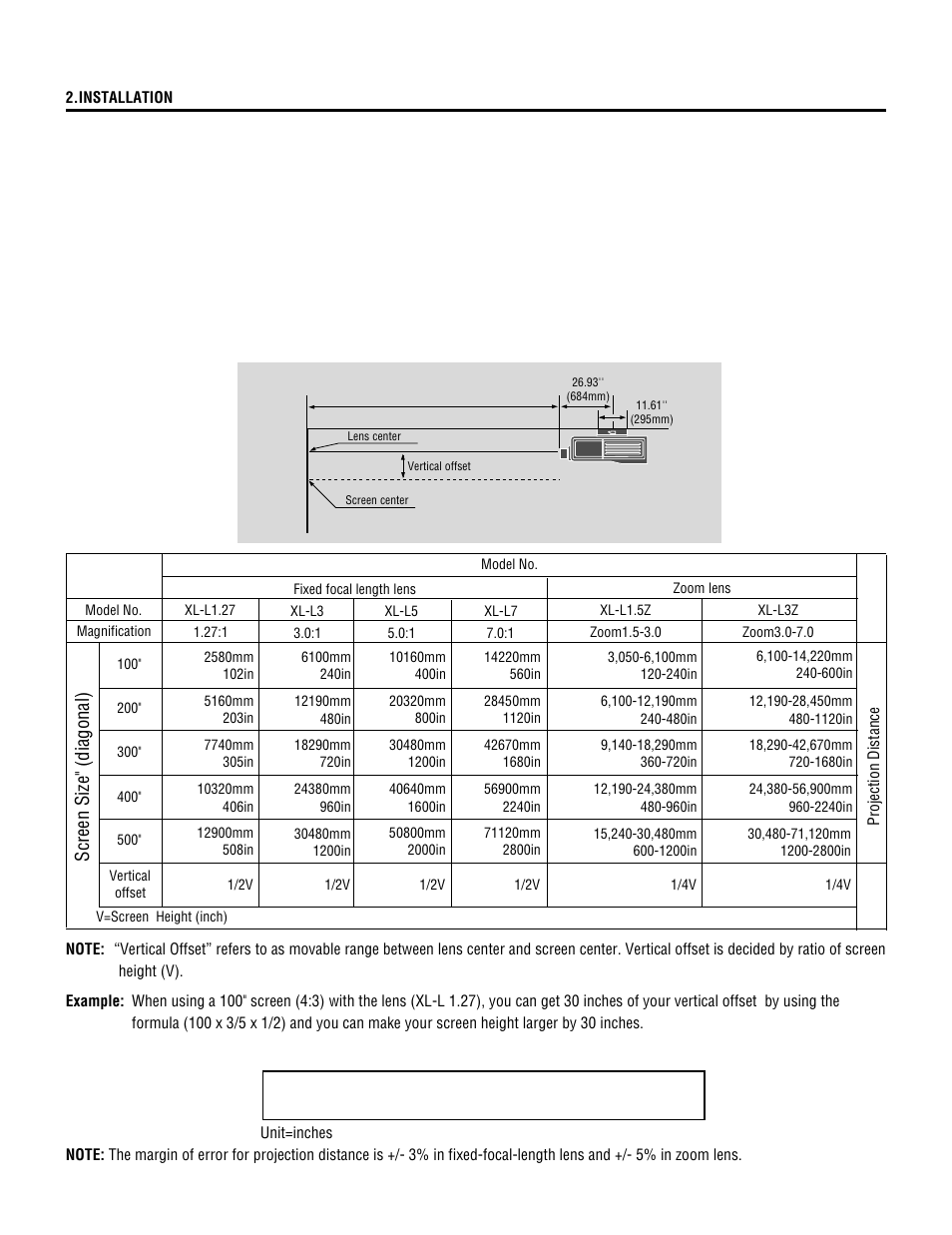 Ceiling installation, Screen size" (diagonal) | NEC XL-3500 User Manual | Page 18 / 81