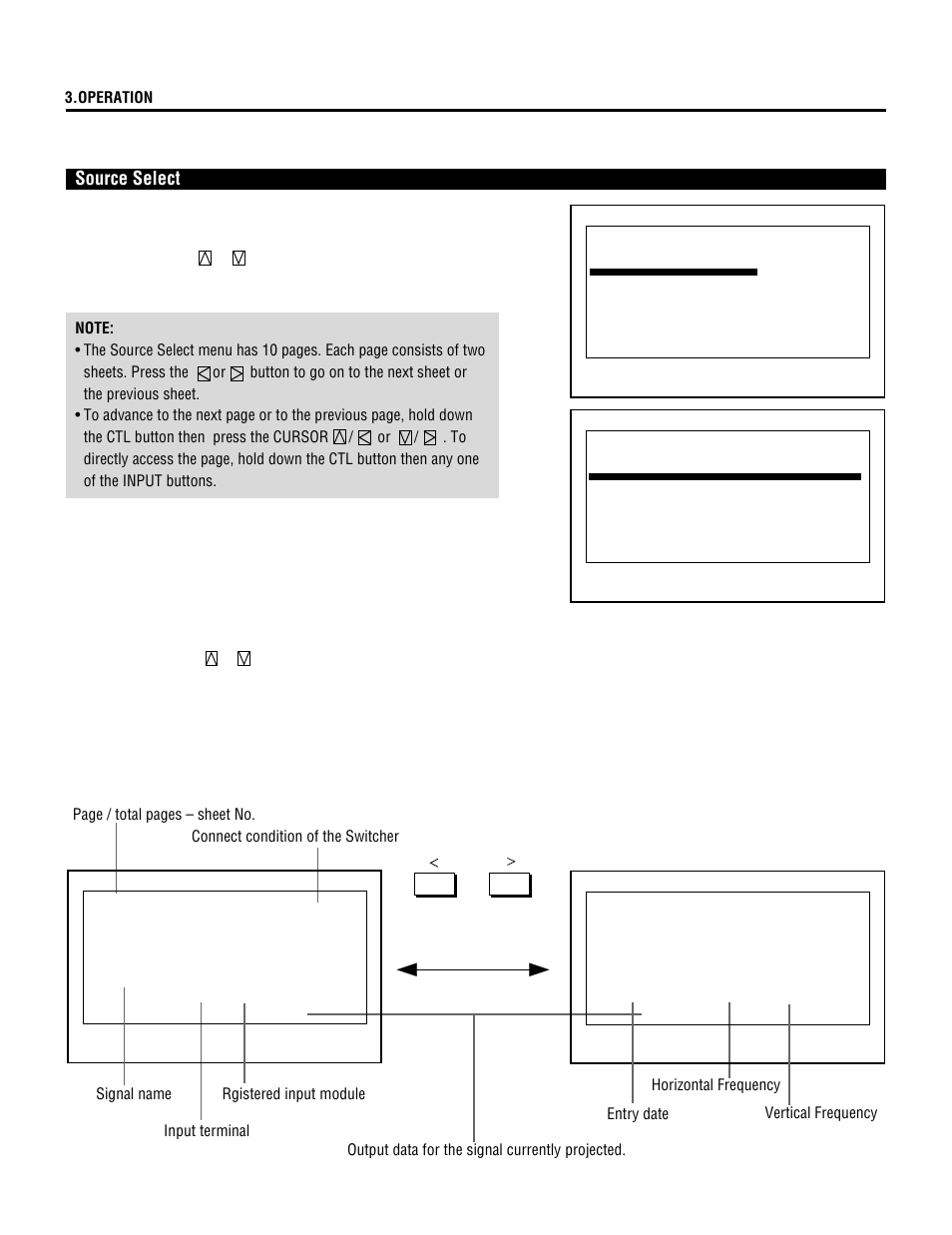 Basic operation (operate menu) source select, Input select list format, 30 3.operation | Output data for the signal currently projected | NEC XL-3500 User Manual | Page 30 / 81